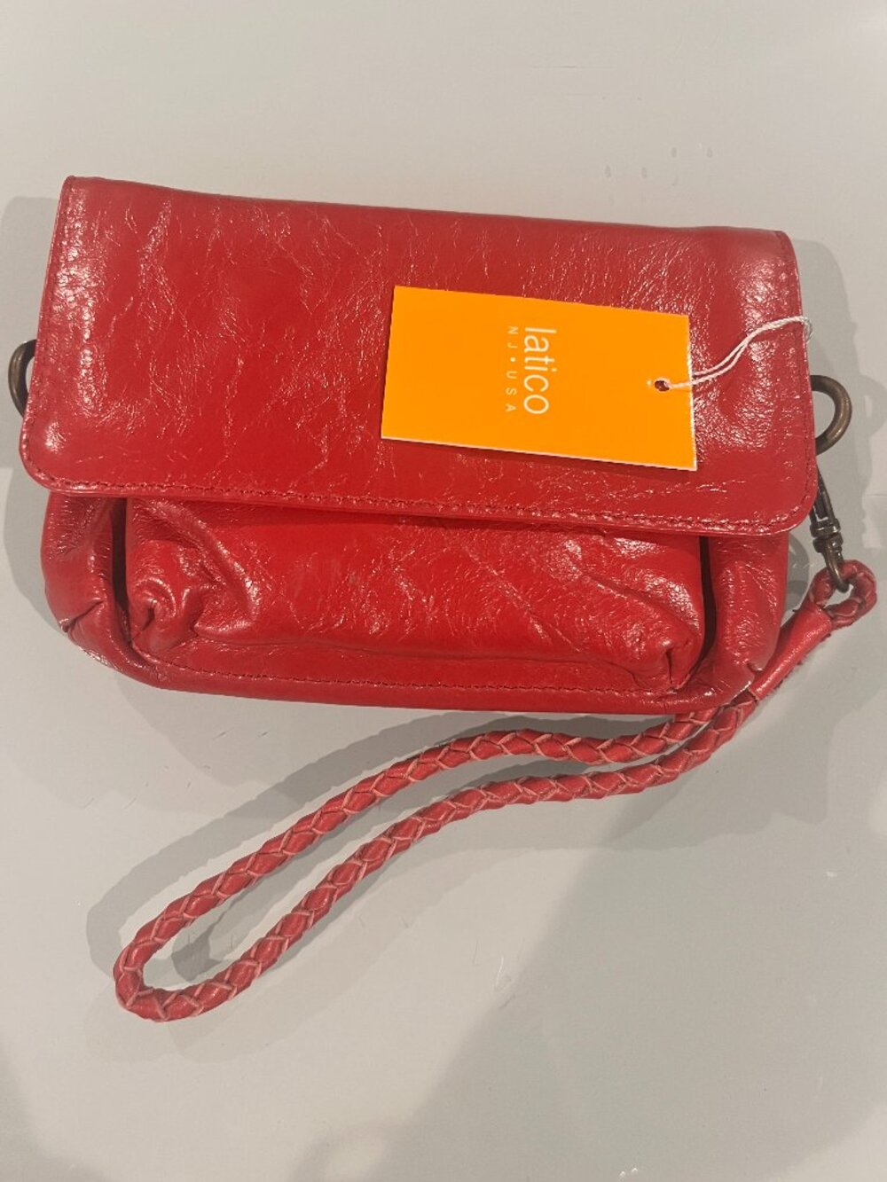 NWT Latico Leathers Red Distressed Gloss Leather Flap Crossbody Wristlet 7922
